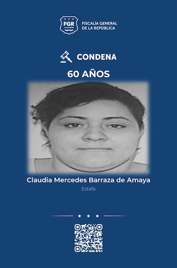 Claudia Mercedes Barraza de Amaya recibió una condena de 60 años de prisión por estafa en Zacatecoluca, El Salvador, tras defraudar a doce personas con una falsa oferta laboral en España. (Imagen: FGR)