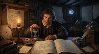 Un hombre de época con un reloj de arena, un libro abierto titulado "Regiomontanus", mapas, una lámpara de aceite, una pluma y un tintero sobre una mesa de madera.