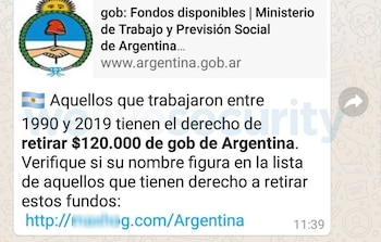 El mensaje con falsas promesas que circula por WhatsApp.