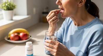 Primer plano de una persona tomando una pastilla de Metformina con agua, junto a una botella del medicamento y un plato de fruta en una cocina soleada.