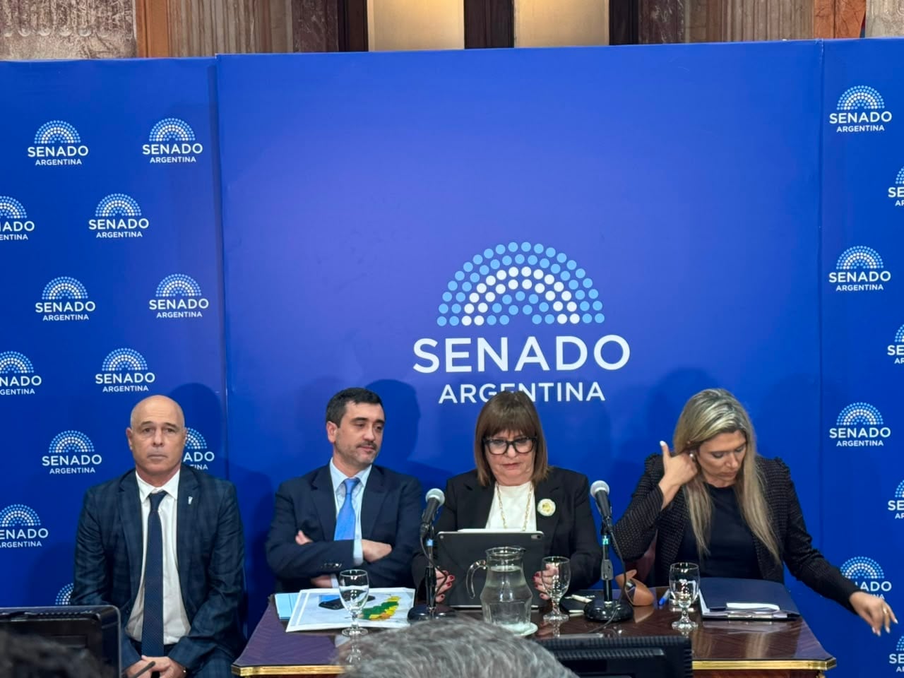 La jefa libertaria en el Senado, Patricia Bullrich, junto a los titulares de las comisiones de Asuntos Constitucionales; y de Legislación General, Agustín Coto y Nadia Márquez; y el presidente provisional de la Cámara alta, Bartolomé Abdala