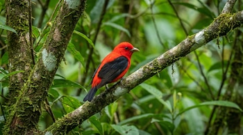 Un pájaro Piranga olivacea de pecho rojo y alas negras está posado sobre una rama gruesa cubierta de musgo verde, con un fondo de follaje denso y verde.