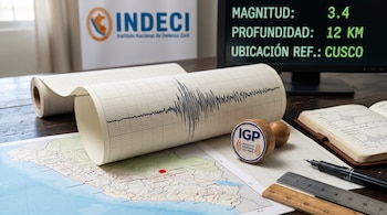 Papel con trazo sísmico, mapa del sur del Perú, regla, pluma y pantalla con datos técnicos sobre una mesa de madera.
