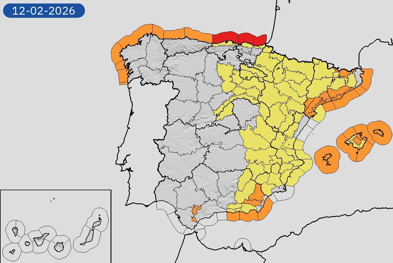 Mapa de alertas meteorológicas para este jueves, 12 de febrero de 2026. (Aemet)
