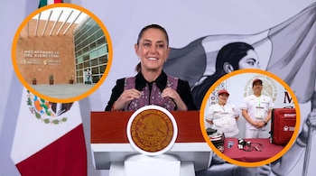 Claudia Sheinbaum en pódium. Círculo superior muestra la Mega farmacia del Bienestar, inferior muestra enfermeras de Salud casa por casa con equipo médico.