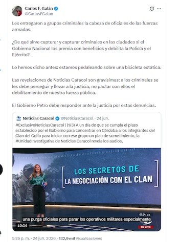 O prefeito de Bogotá, Carlos F. Galán, criticou o governo Petro por irregularidades em suas negociações com o Clã do Golfo - crédito @CarlosFGalan/X