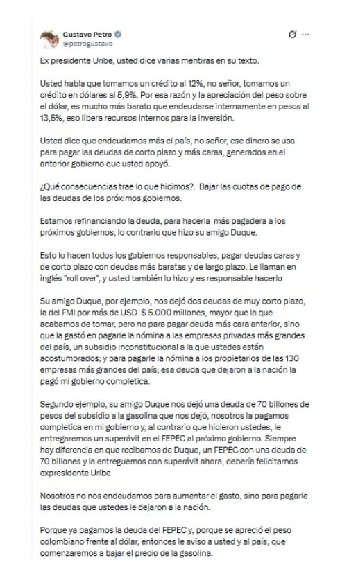 Con esta extensa publicación, el presidente Gustavo Petro respondió a la polémica que se desató con las críticas del exmandatario Álvaro Uribe sobre la política fiscal de Gobierno - crédito @petrogustavo/X