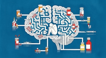 Ilustración de un cerebro laberíntico con una figura humana sentada en el centro, rodeada de píldoras, cápsulas, jeringas y frascos de medicamentos.