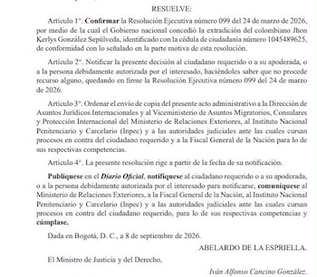 Ministerio de Justicia solicitó que se le notifique a Jhon Kerlys González la decisión - crédito Ministerio de Justicia
