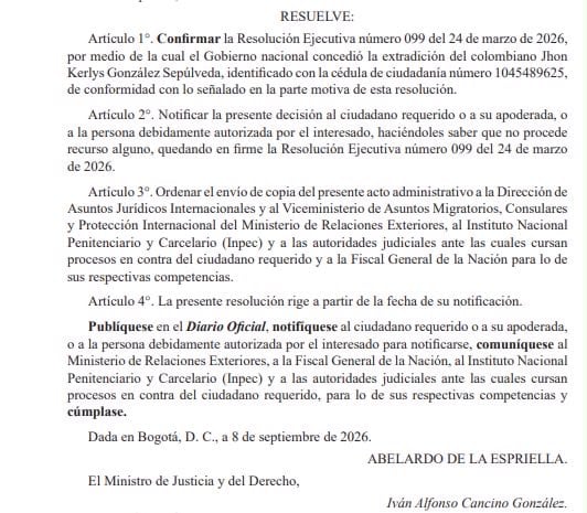 Ministerio de Justicia solicitó que se le notifique a Jhon Kerlys González la decisión - crédito Ministerio de Justicia