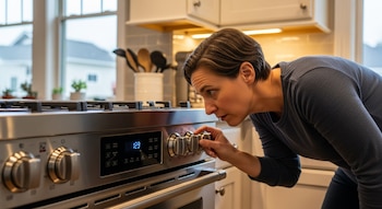 Una mujer examina los controles de un horno y estufa modernos de acero inoxidable en una cocina, con una ventana que muestra casas al fondo.