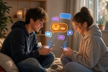 Un hombre y una mujer sentados sostienen teléfonos de los que emergen gráficos luminosos de bocadillos de diálogo y una calabaza tallada.