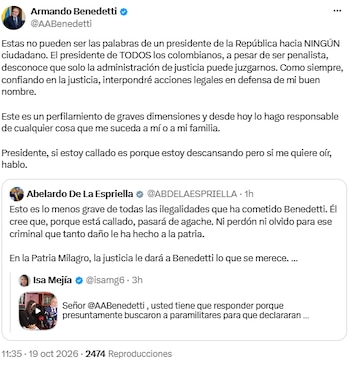 El exministro Armando Benedetti anunció acciones legales tras palabras del presidente De la Espriella - crédito @AABenedetti/X