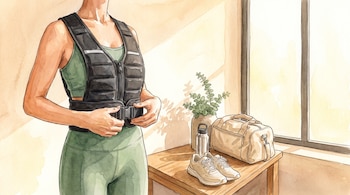 Una mujer de torso y piernas visibles ajusta un chaleco de pesas negro sobre un top y mallas verdes. En una mesa lateral hay zapatillas, botella y un bolso.