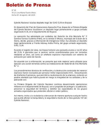 El material incautado se presumía destinado a una acción terrorista contra una unidad militar de Boyacá - crédito Ejército Nacional de Colombia