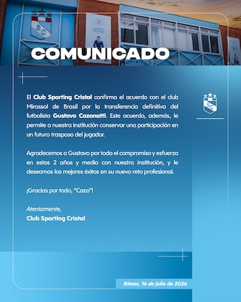 El comunicado de Sporting Cristal que informa la salida de Gustavo Cazonatti.