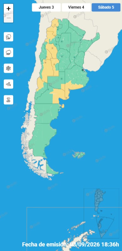 La inestabilidad del sábado podría dejar chaparrones aislados en la Ciudad, mientras el sur de la provincia de Buenos Aires permanece bajo alerta amarilla del SMN