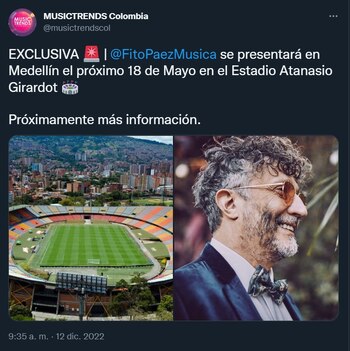 Publicación de @musictrendscol donde se