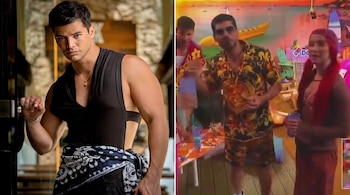 Un collage con dos imágenes: a la izquierda, un hombre posa; a la derecha, tres personas en una fiesta con fondo de playa.