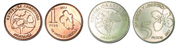 Anverso y reverso de las monedas de 1 y 5 pesos.