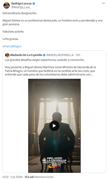 Rodrigo Lara calificó como extraordinaria la designación de Miguel Gómez Martínez y destacó unidad en el gabinete - crédito @Rodrigo_Lara_/X