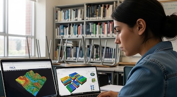 Joven mujer con blusa de mezclilla observa una laptop mostrando gráficos 3D y mapas geológicos en la web de PACA, con una estantería de libros detrás.