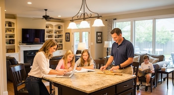 Una mujer y dos niñas usan una laptop y cuadernos en una isla de cocina, un hombre prepara comida, y un niño lee en un sofá en una sala de estar bien iluminada.