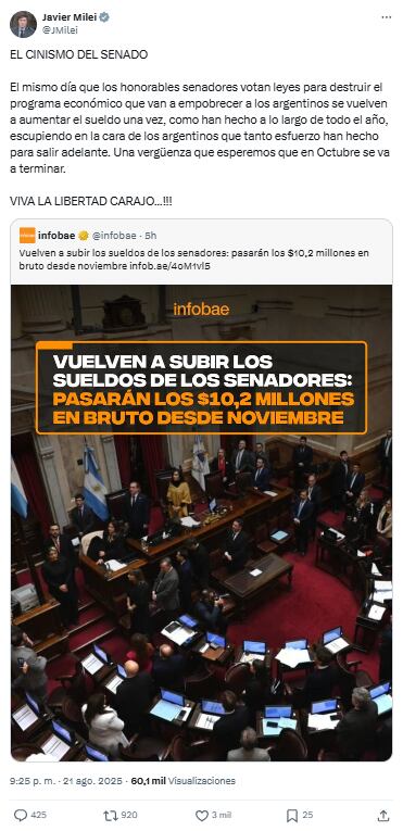 Javier Milei cuestionó a los senadores tras la aprobación de un nuevo aumento de haberes en el Congreso
