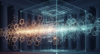 Un cubo transparente rodeado de líneas y estructuras hexagonales que emiten luz dorada y azul. En el fondo, dos columnas de estilo clásico.
