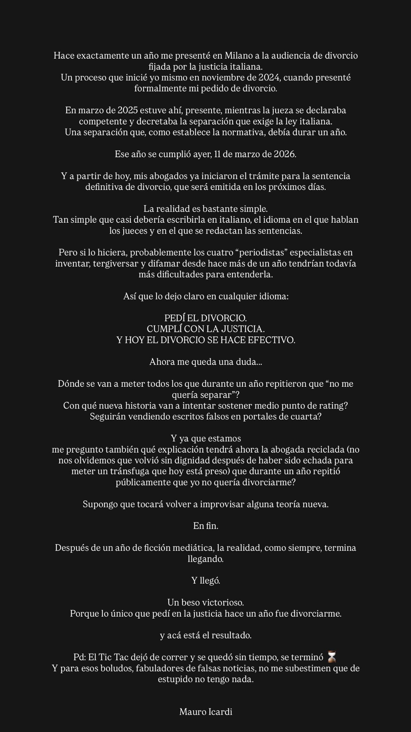 El extenso comunicado que hizo Mauro luego de la audiencia que tuvo con Wanda en Milán