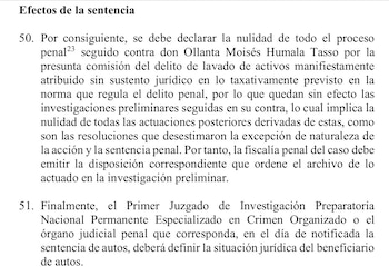 Fragmento de documento legal numerado que describe la nulidad de un proceso penal y la orden de archivo de una investigación preliminar