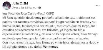 Captura de pantalla de una publicación en redes sociales de Julio C. Siri con una foto de perfil y un mensaje de pésame sobre Facundo Rico Castro