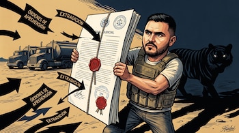 Un hombre con chaleco táctico sostiene un documento sellado ante flechas con texto, junto a dos camiones cisterna y un tigre en el desierto.