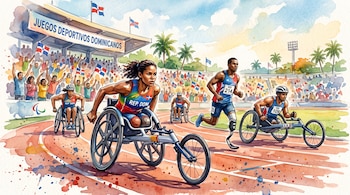 Pintura en acuarela de paratletas en sillas de ruedas y un corredor con prótesis sobre una pista de atletismo con público.