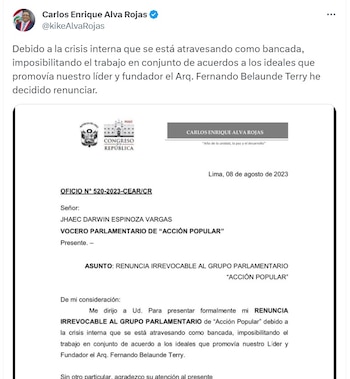 Renuncia de Carlos Enrique Alva.