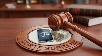 Primer plano de un mazo de madera sobre una base con la inscripción 'Corte Suprema', junto a un smartphone con el ícono de la balanza, billetes y monedas.