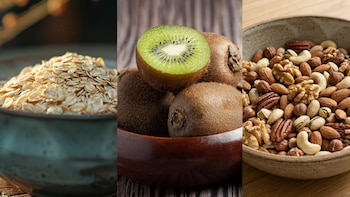 Imagen dividida en tres: un tazón de avena, un tazón con kiwis (uno cortado) y un tazón con una mezcla de nueces, almendras y pistachos