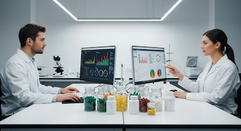 Dos científicos en batas blancas frente a pantallas con gráficos de datos, con frascos de cápsulas y botellas de suplementos en un laboratorio moderno.