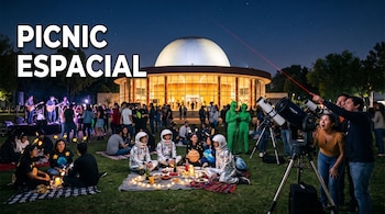 Personas disfrazadas de astronautas y alienígenas en un césped con telescopios, una banda en vivo y un planetario iluminado de noche.