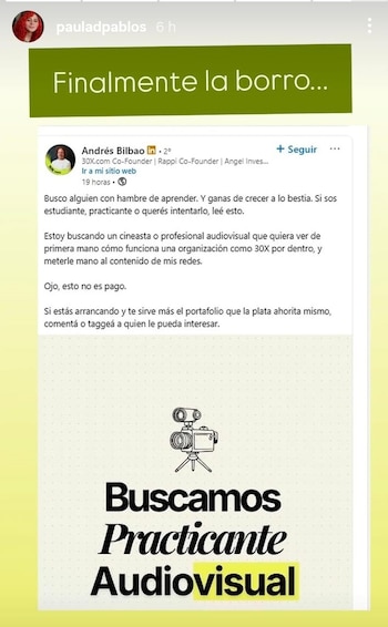Bilbao terminó por borrar la publicación de la oferta laboral en LinkedIn - crédito @pauladpablos/IG