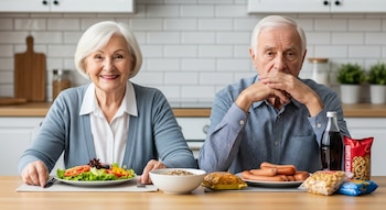 Dos personas mayores, mujer y hombre, sentados frente a una mesa de cocina; ella con un plato de ensalada y un tazón, él con salchichas, refresco y snacks envasados.