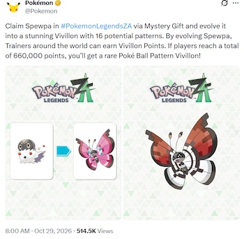 Captura de pantalla de una publicación en redes sociales con texto en inglés y dos imágenes promocionales de Spewpa y Vivillon
