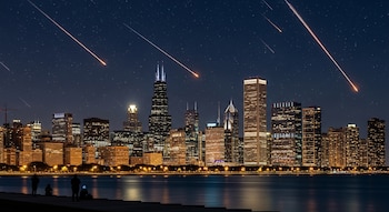 Vista panorámica del horizonte iluminado de Chicago por la noche, con rascacielos altos y múltiples meteoros cruzando el cielo estrellado.