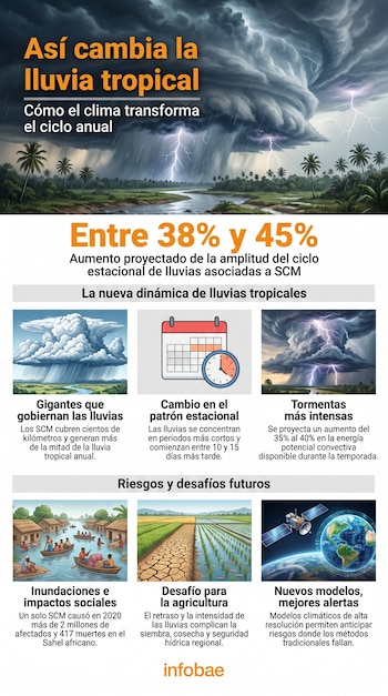 Infografía con un gran titular, imagen de tormenta tropical, seis paneles con iconos y texto sobre el clima y la lluvia, y el logo de Infobae.