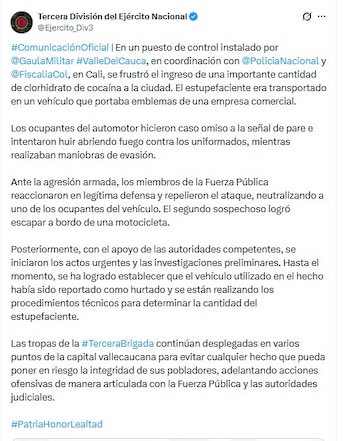 La Tercera División del Ejército informó que uno de los sospechosos murió tras el intercambio de disparos- crédito @Ejercito_Div3/X