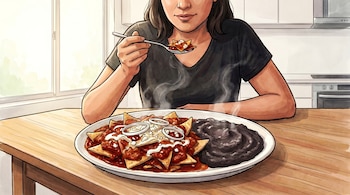 Persona comiendo un plato de chilaquiles rojos con salsa, queso, cebolla y frijoles refritos; la escena transcurre en una cocina con ventana.