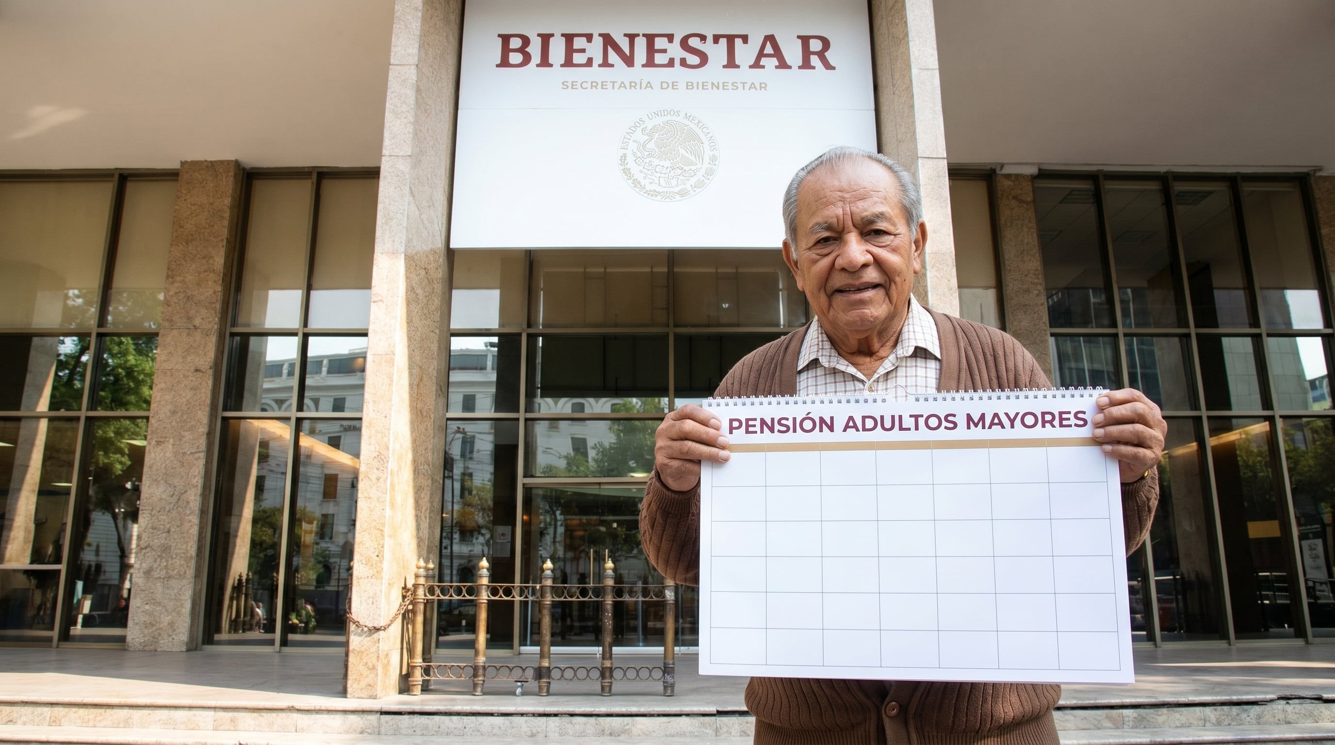 Un adulto mayor sonríe mientras muestra un calendario con el título