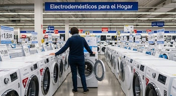Persona vista de espaldas examinando una lavadora con la puerta abierta en un pasillo de tienda. Filas de lavadoras blancas y carteles de precios visibles.