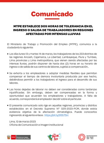 Comunicado del MTPE.