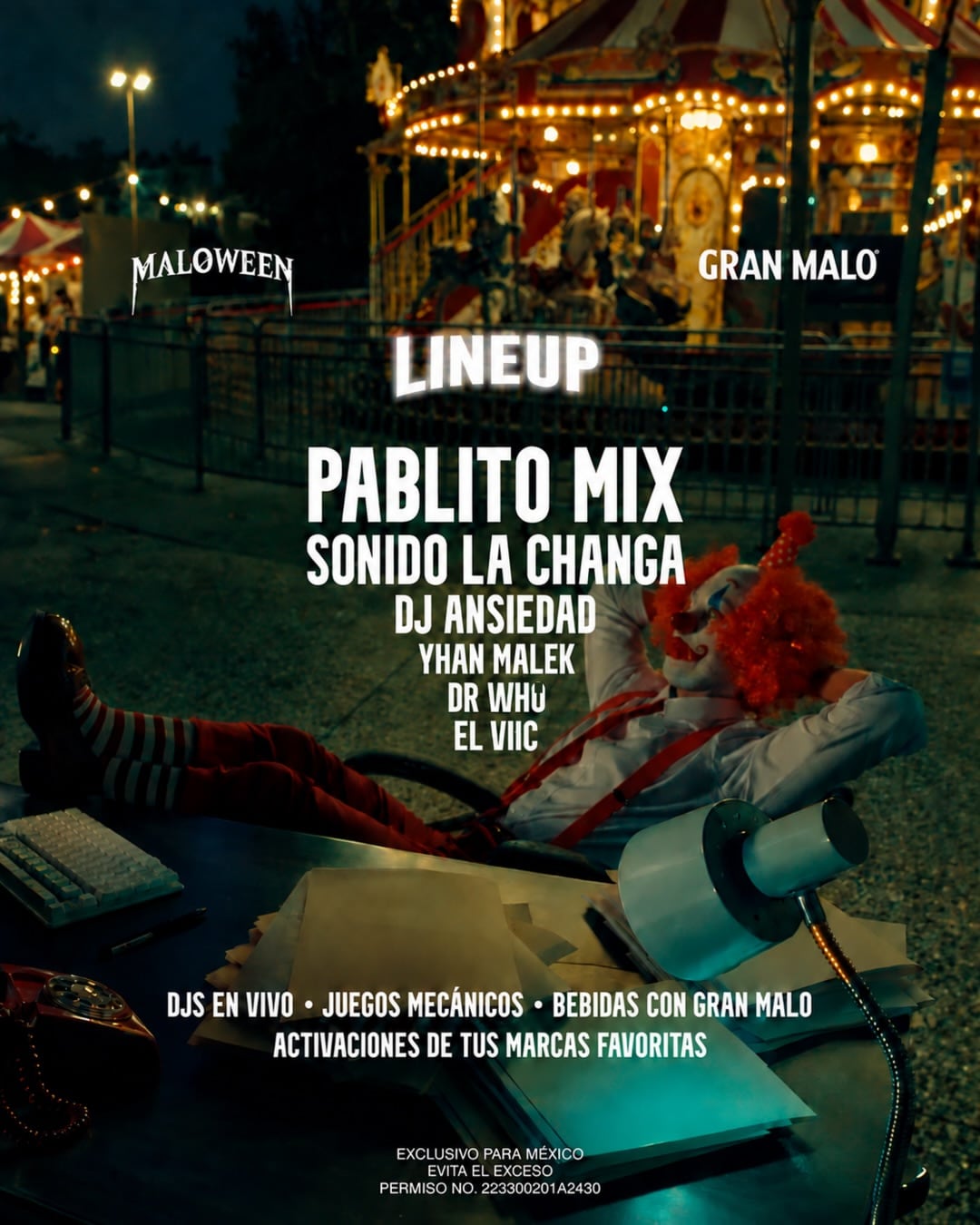 Un anuncio publicitario de la marca Gran Malo presenta el cartel de artistas para la celebración de Maloween en México junto a un carrusel. (Maloween/Redes sociales)